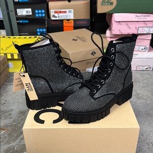 Steve Madden NYC Black Rhinestone Black Combat Boots Womens SZ 9.5 NEW